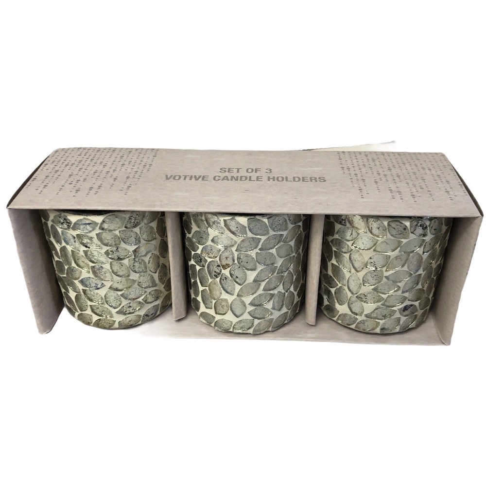 Votive Candle Holders Set 3 Silver Leaf Mosaic Glass Decor 3 1/2" X 3"